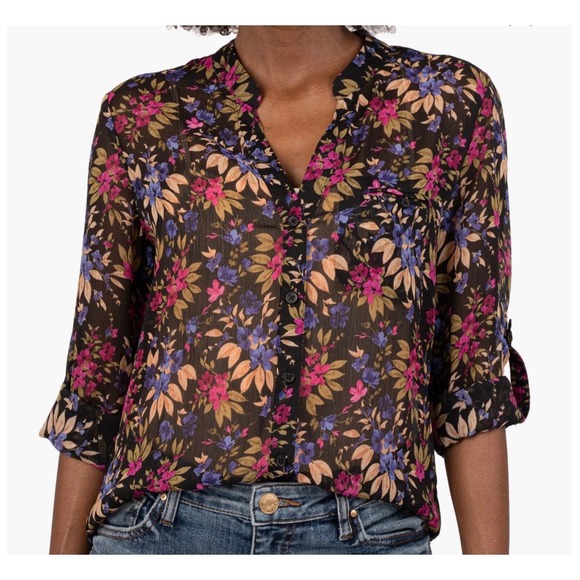 Kut from the Kloth Tops - KUT from the Kloth Floral Sheer Button Down Roll Tab Blouse Black Purple Small